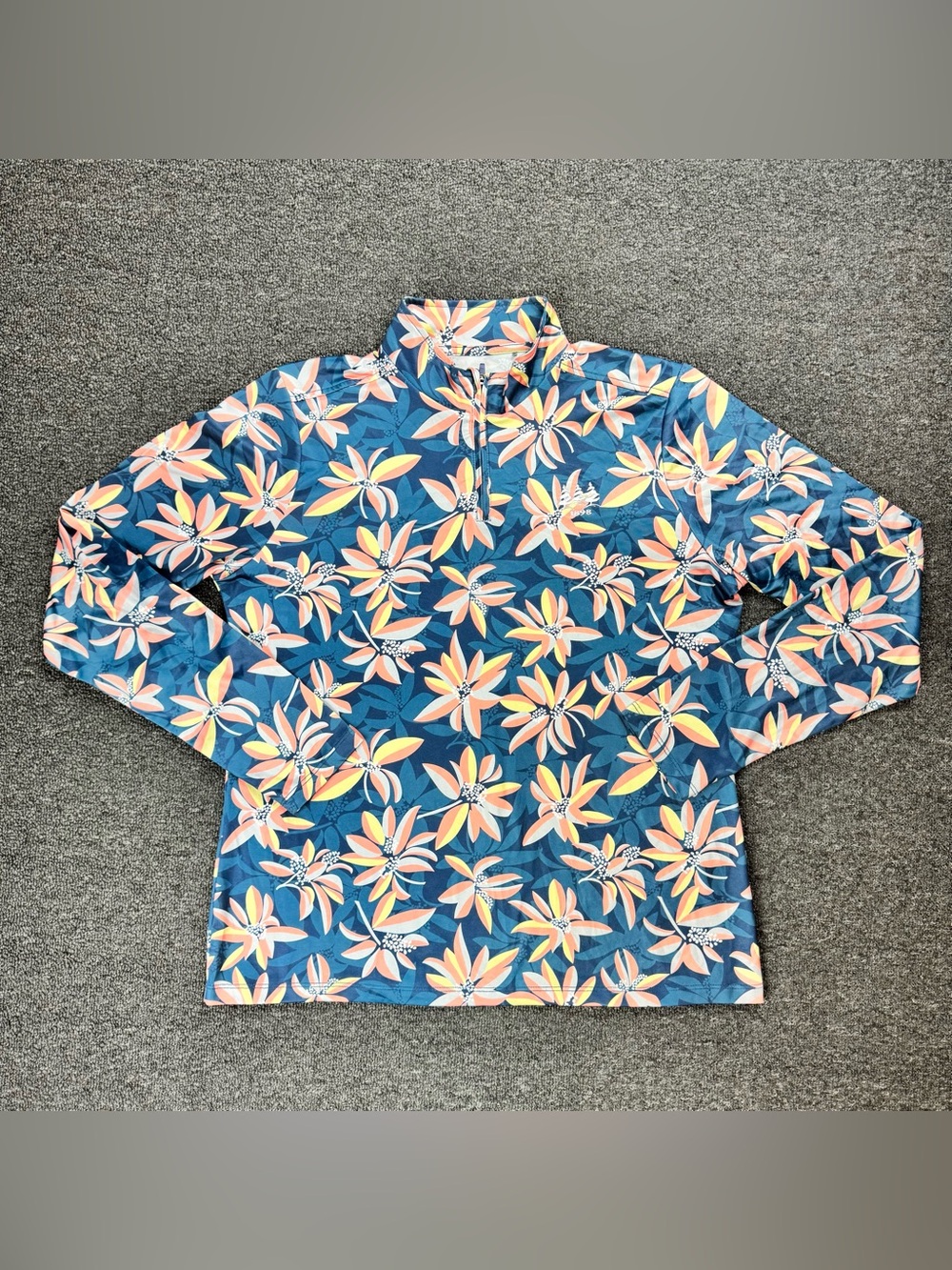 Antigua Blue Floral Quarter-Zip Top with Coral and Yellow Accents